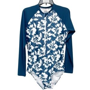 Berry Jane Women's Blue Hibiscus One Piece UPF 50 Rash Guard Swimsuit Size 2XL